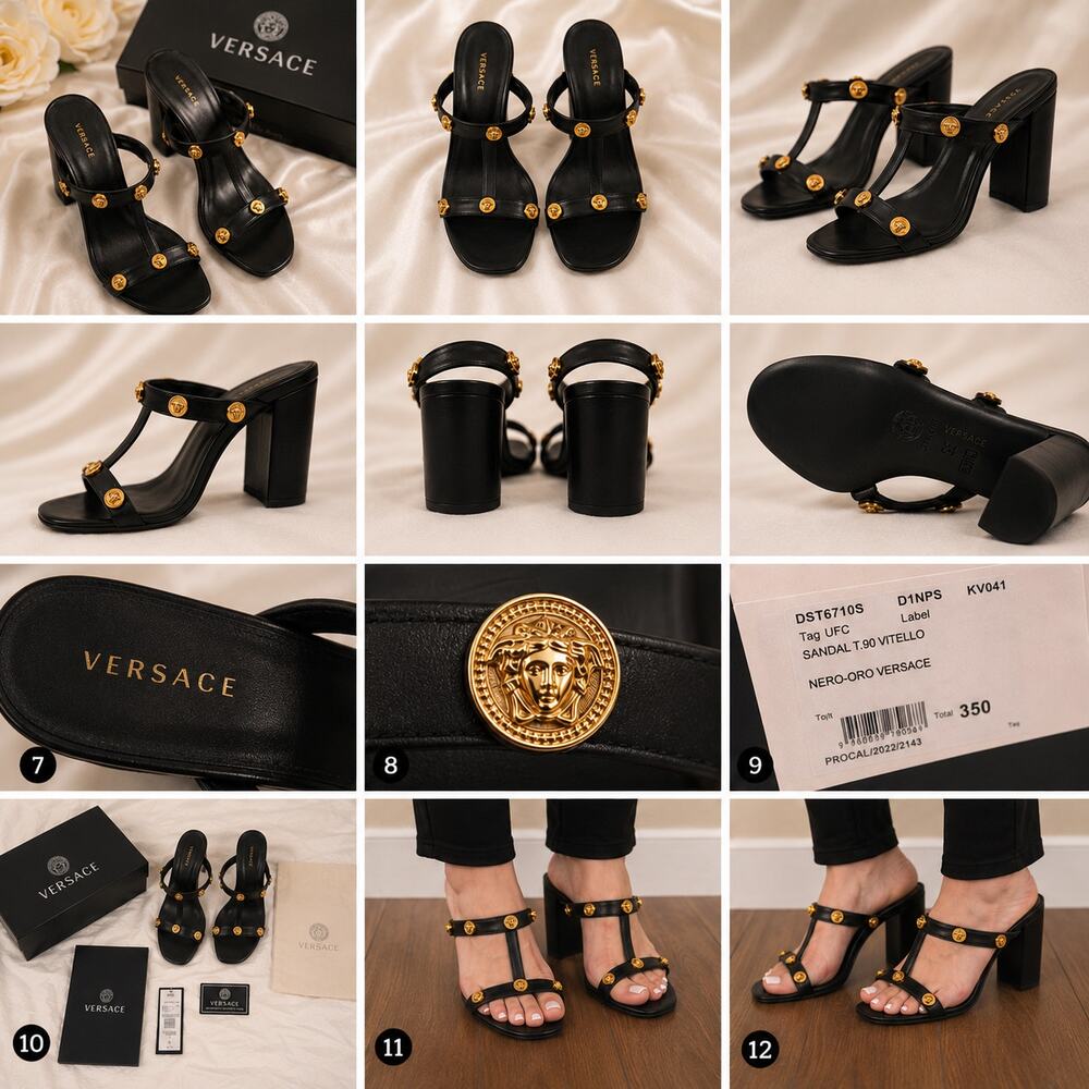 Authentic Versace Medusa Leather Heels Black Gold Block Heel Sandals Size 35